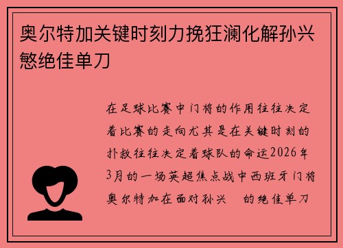 奥尔特加关键时刻力挽狂澜化解孙兴慜绝佳单刀