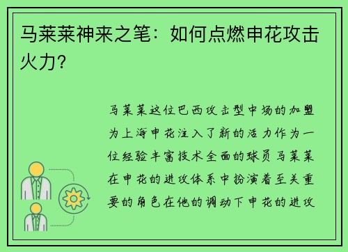 马莱莱神来之笔:如何点燃申花攻击火力? 马莱莱神来之笔:如何点燃申花攻击火力?